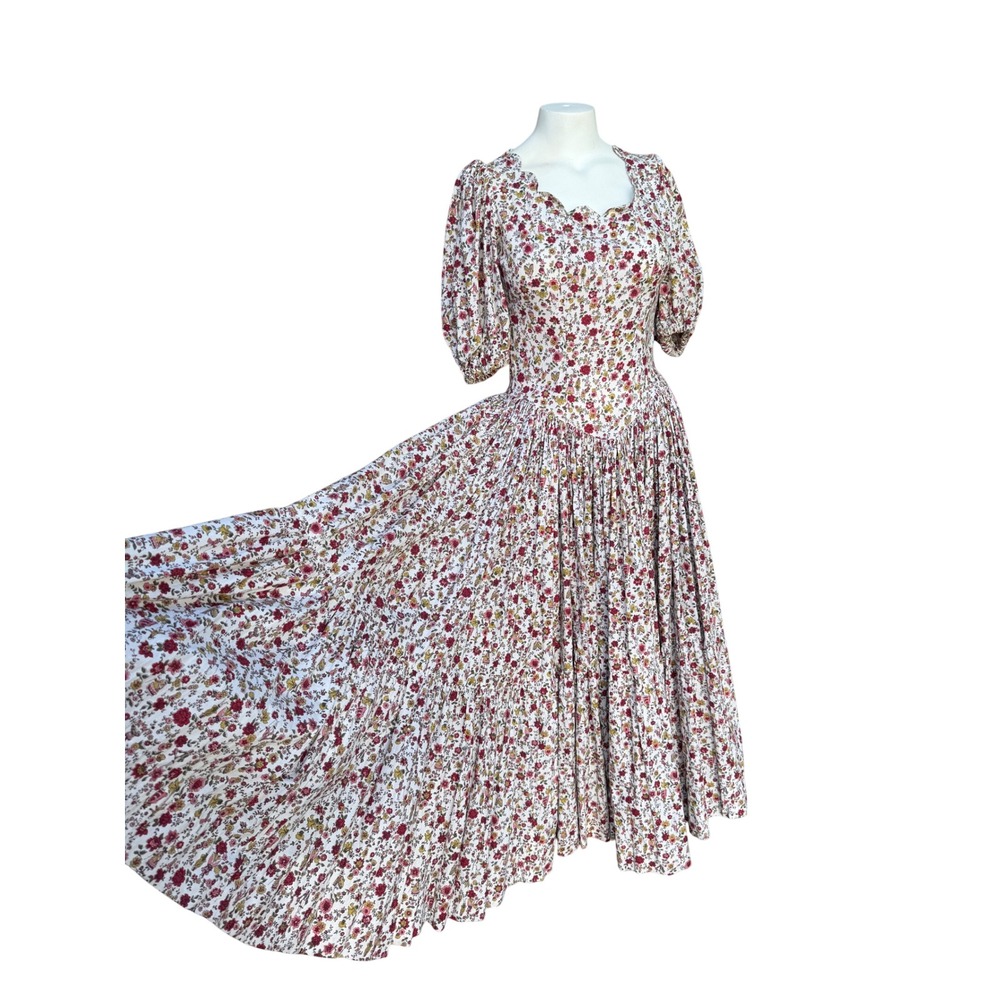 Vintage Prairie Maxi Dress Small Floral Puff Sleeve Tiered Bonnet Cottage Coplay - Picture 2 of 16